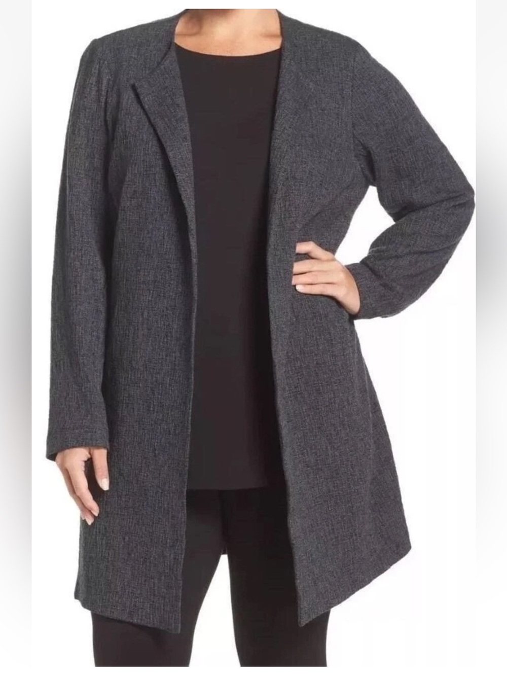 EILEEN FISHER Charcoal Gray Shale Tencel Stretch Jacquard Jacket Petite Small